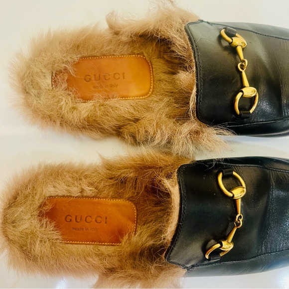Gucci Shoes - Gucci Princeton Fur Lined Horsebit Loafers- Black Leather Slides